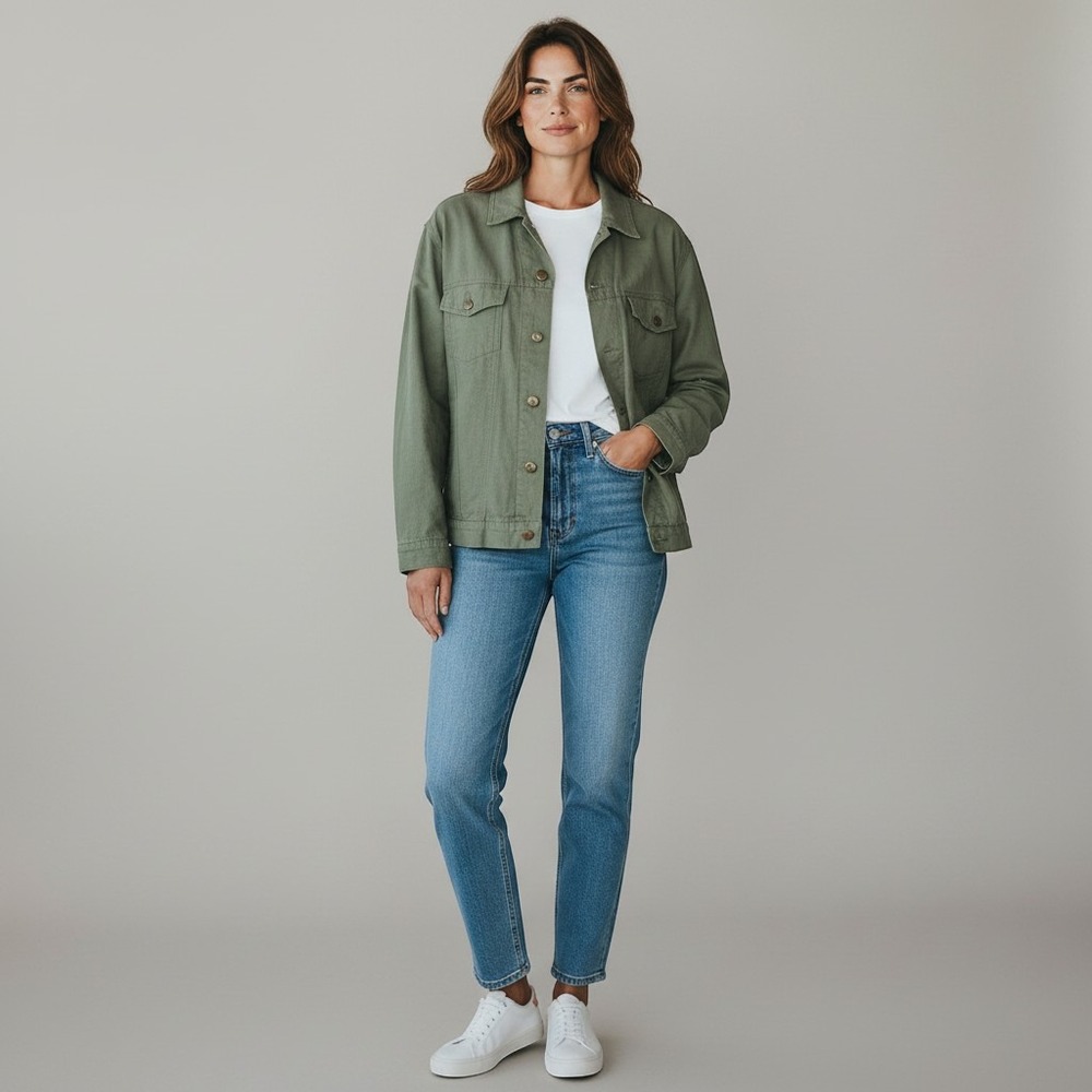 Claiborne 80-s-90's Linen Trucker Jacket Women Large Green Cotton Blend Utility